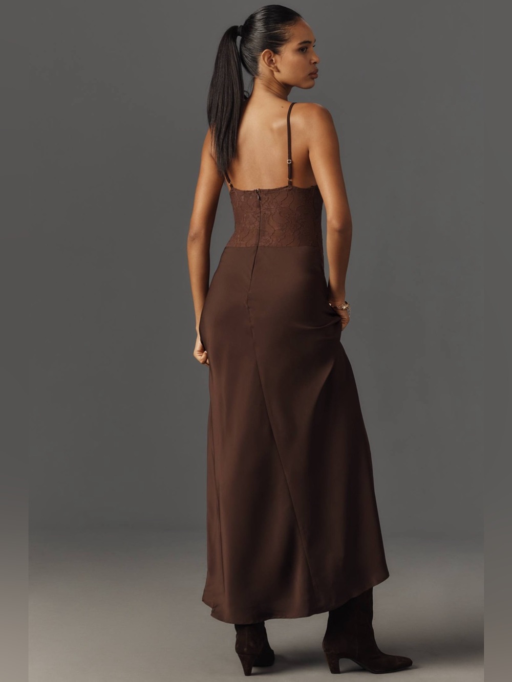 NWT WeWoreWhat Brown Lace-Panel Slip Dress - Picture 3 of 10